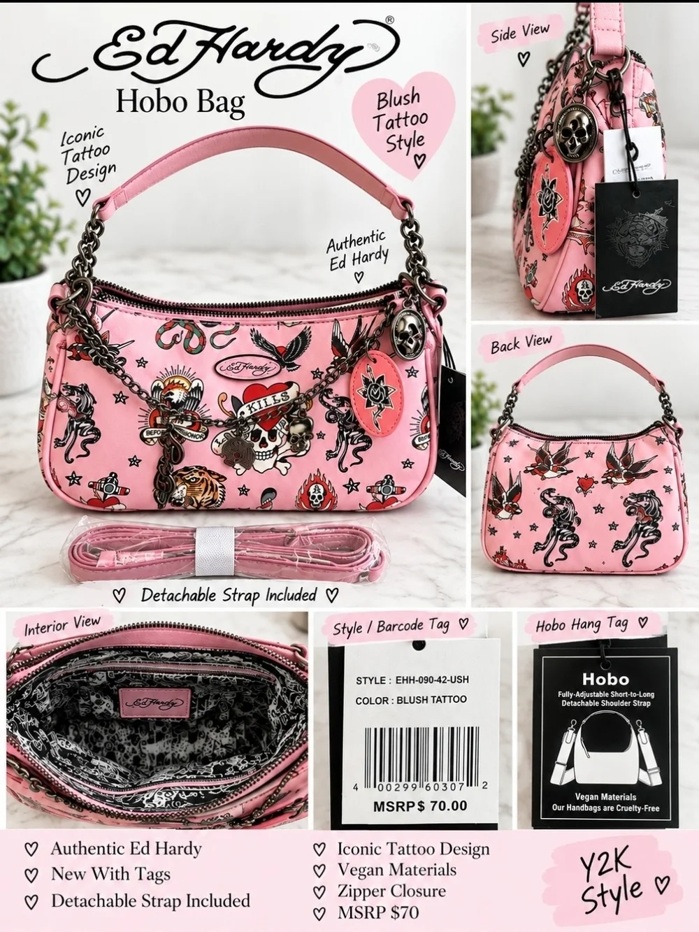 Ed Hardy Pink Blush Tattoo Hobo Bag